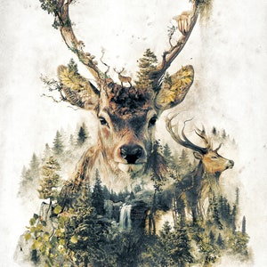 Le cerf * Art de la nature * Surréalisme animal * Forêt florale botanique * Impression d'art