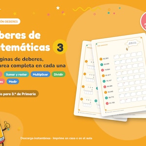 Peut inclure: Une collection numérique de devoirs de mathématiques pour le niveau primaire, comprenant 71 pages au format PDF. La couverture jaune affiche le texte 'Deberes de Matemáticas 3' avec un personnage crayon et des exemples de feuilles.