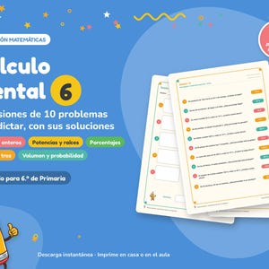 Può includere: Una risorsa educativa digitale intitolata Cálculo Mental 6 che presenta 33 sessioni di 10 problemi di matematica per la sesta classe. La grafica blu include una matita animata, un indicatore di 71 pagine PDF e schede su numeri interi, potenze, radici, percentuali e probabilità.