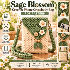 Könnte beinhalten: Ein PDF-Häkelmuster für eine Sage Blossom Handy-Umhängetasche, bestehend aus einer cremefarbenen und salbeigrünen Tasche mit zwei weißen Häkelblumen, Holzknöpfen und einem Trageriemen. Maße: 13-13,5 cm breit, 18,8-19,5 cm hoch, 2-3 cm tief.