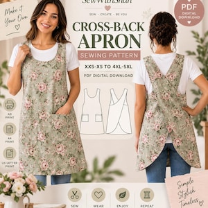 Cross Back Apron Sewing Pattern PDF, Japanese Pinafore Apron, Two Pocket Apron Pattern, A0 A4 US Letter, XXS-5XL Digital Download