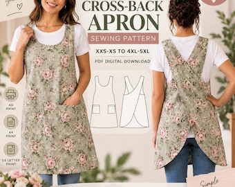 May include: A digital sewing pattern for a cross-back apron featuring a sage green fabric with a pink floral print. The apron has two front pockets and a scoop neckline. The text reads SewWithShah, Cross-Back Apron, Sewing Pattern, XXS-XS to 4XL-5XL, PDF Digital Download, A0 Print, A4 Print, US Letter Print, Sew, Wear, Enjoy, Repeat, Make it Your Own, Simple Stylish Timeless.