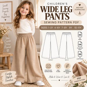 Kids Wide Leg Pants Sewing Pattern PDF, Elastic Waist Trousers, Toddler & Children 1–11Y, A4 A0 US Letter Instant Download