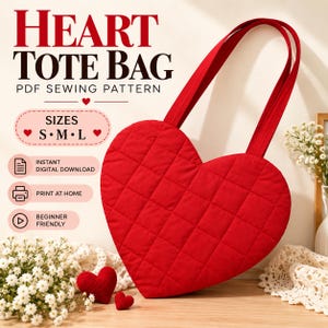 Nähanleitung für eine herzförmige Tragetasche, PDF-Schnittmuster für eine herzförmige Tasche, Nähanleitung für eine gesteppte herzförmige Tasche, DIY-Schultertasche, A4/US Letter A0