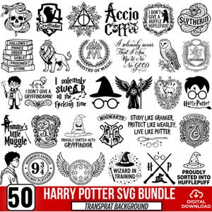 May include: A collection of 50 black and white digital graphic designs featuring Harry Potter themed illustrations, including house crests, character silhouettes, magical objects, and various quotes like I solemnly swear that I am up to no good.