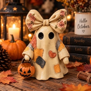 Könnte beinhalten: Eine cremefarbene Geisterfigur mit einer großen Schleife auf dem Kopf, die mit rosa Rosen verziert ist. Der Geist hat ein Patchwork-Muster in Orange, Grau und Schwarz und hält einen kleinen orangefarbenen Kürbiseimer mit schwarzem Henkel.