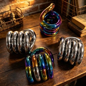 May include: Four fidget toys made of interconnected curved segments. Two toys feature a polished silver metallic finish, while the other two display a vibrant iridescent rainbow gradient finish. Each toy consists of multiple smooth, rounded links.