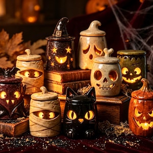 Ensemble de lanternes monstrueuses en céramique pour Halloween, porte-bougie citrouille momie chat noir fantôme, décoration de table automnale rustique, cadeau de pendaison de crémaillère pour la saison des frissons