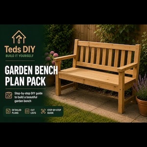 Op de afbeelding: Een houten tuinbank met een lattenbodem en rugleuning. De afbeelding bevat de tekst Teds DIY BUILD IT YOURSELF GARDEN BENCH PLAN PACK, Step-by-step DIY guide to build a beautiful garden bench, DETAILED PLANS, CUT LISTS, en STEP-BY-STEP GUIDE.