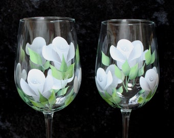 Hand Painted Wine Glasses - Silver Gray and White Roses (Set of 2)