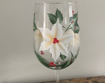 Hand Painted Wine Glasses (Set of 2)  - White Poinsettia with Red Berries