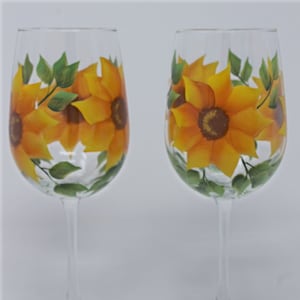 Hand Painted Wine Glasses - Sunflowers Orange/Yellow  (Set of 2)