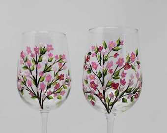 Hand Painted Wine Glasses (Set of 2)  - Cherry Blossom tree