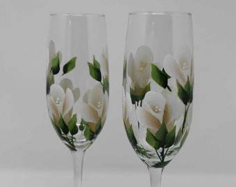 Hand Painted Champagne Glasses - White Roses (Set of 2)