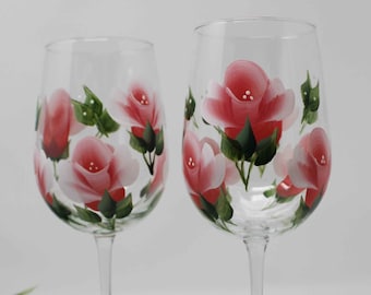 Hand Painted Wine Glasses - Coral Rose (Set of 2)