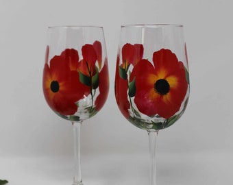 Hand Painted Wine Glasses - Red Poppy (Set of 2)