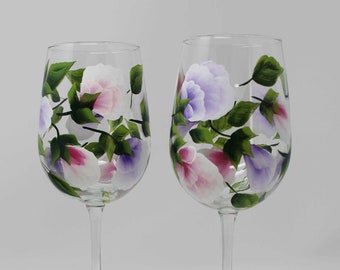 Hand Painted Wine Glasses - Sweet Peas Lavender and Pink (Set of 2)