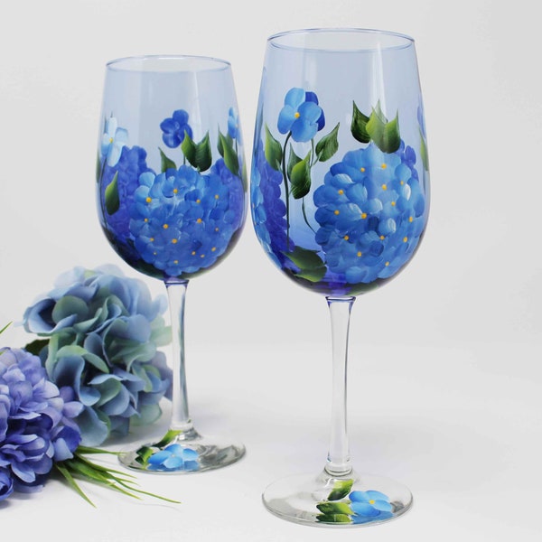 Hand Painted Wine Glasses - Blue Hydrangea on Cobalt Blue Glass (Set of 2)