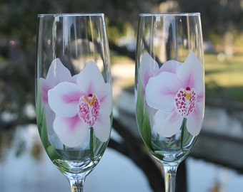 Hand Painted Champagne Glasses - Anne Marie Orchids (Set of 2)