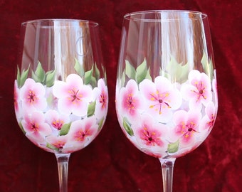 Hand Painted Wine Glasses (Set of 2) - Cherry Blossoms