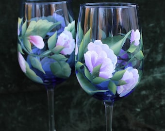 Hand Painted Wine Glasses - Sweet Peas Lavender and Pink on Cobalt Blue glass (Set of 2)