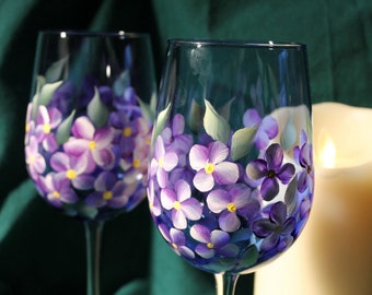 Hand Painted Wine Glasses - Violets on Cobalt Blue glass (Set of 2)