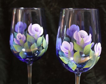 Hand Painted Wine Glasses - Lavender and White Roses on Cobalt Blue Glass  (Set of 2)