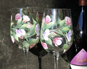 Hand Painted Wine Glasses - Rose buds  (Set of 2)