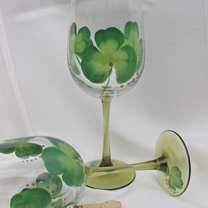 Hand Painted Irish Wine Glasses - Three-leaf clovers on Green Stem glasses (Set of 2)