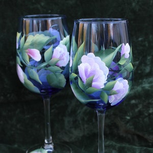 Hand Painted Wine Glasses - Sweet Peas Lavender and Pink on Cobalt Blue glass (Set of 2)
