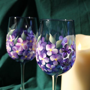Hand Painted Wine Glasses - Violets on Cobalt Blue glass (Set of 2)