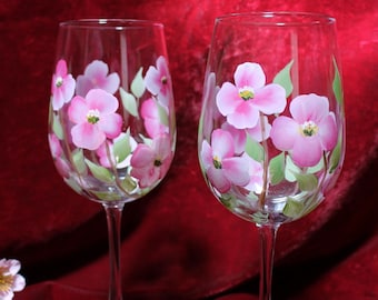 Hand Painted Wine Glasses - Pink Dogwood (Set of 2)