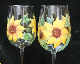 Hand Painted Wine Glasses - Sunflowers Yellow  (Set of 2)