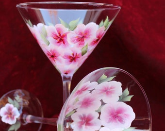 Hand Painted Martini Glasses - Cherry Blossoms (Set of 2)