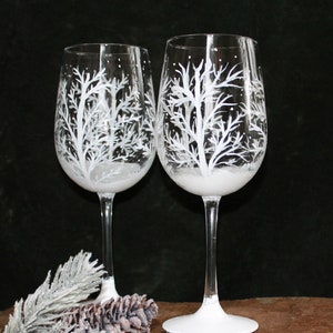 Hand Painted Wine Glasses Winter Snow Set of 2 image 1