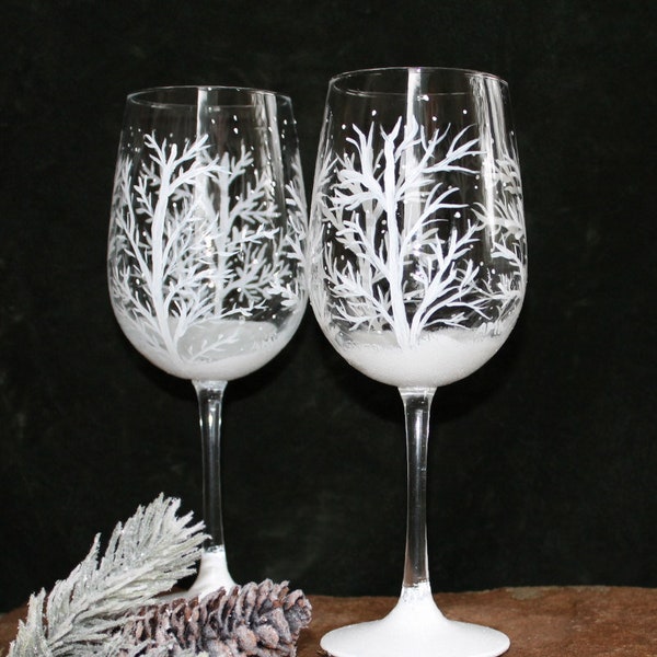 Hand Painted Wine Glasses - Winter Snow (Set of 2)