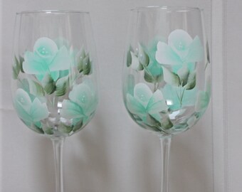 Hand Painted Wine Glasses - Roses Mint Green (Set of 2)