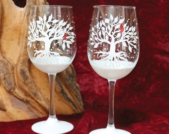 Hand Painted Wine Glasses - Winter Tree of life with Cardinal (Set of 2)