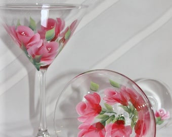 Hand Painted Martini Glasses - Roses Pink-Red (Set of 2)