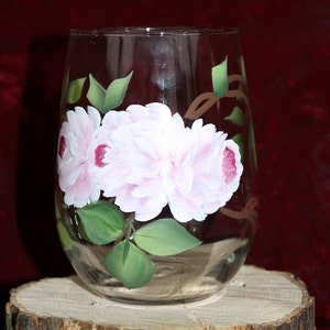 Hand Painted Stemless Wine Glasses Set of 2 Soft Pink Roses image 3