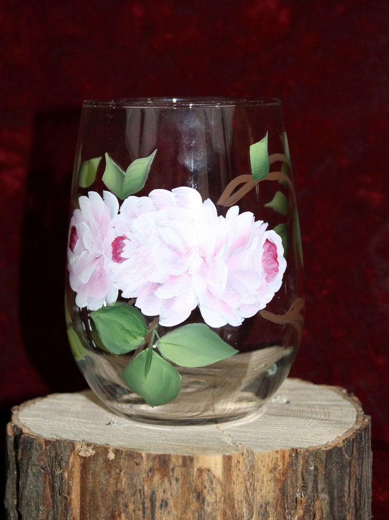 Hand Painted Stemless Wine Glasses Set of 2 Soft Pink Roses image 3