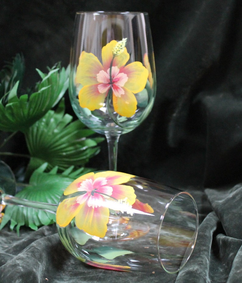 Hand Painted Wine Glasses Yellow Hibiscus set of 2 Etsy