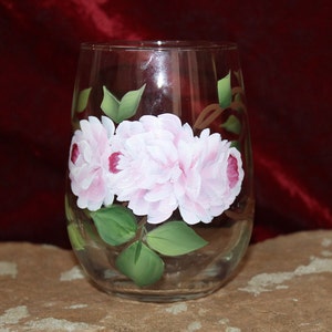 Hand Painted Stemless Wine Glasses Set of 2 Soft Pink Roses image 1