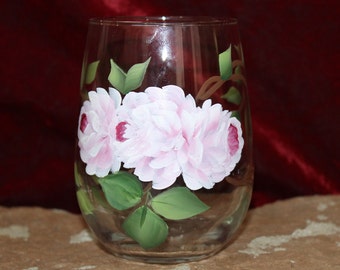 Hand Painted Stemless Wine Glasses (Set of 2) - Soft Pink Roses