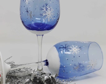 Hand Painted Wine Glasses - Winter Snowflakes on Cobalt blue glass (Set of 2)