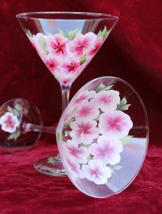 Hand Painted Martini Glasses Cherry Blossoms set of 2 Etsy