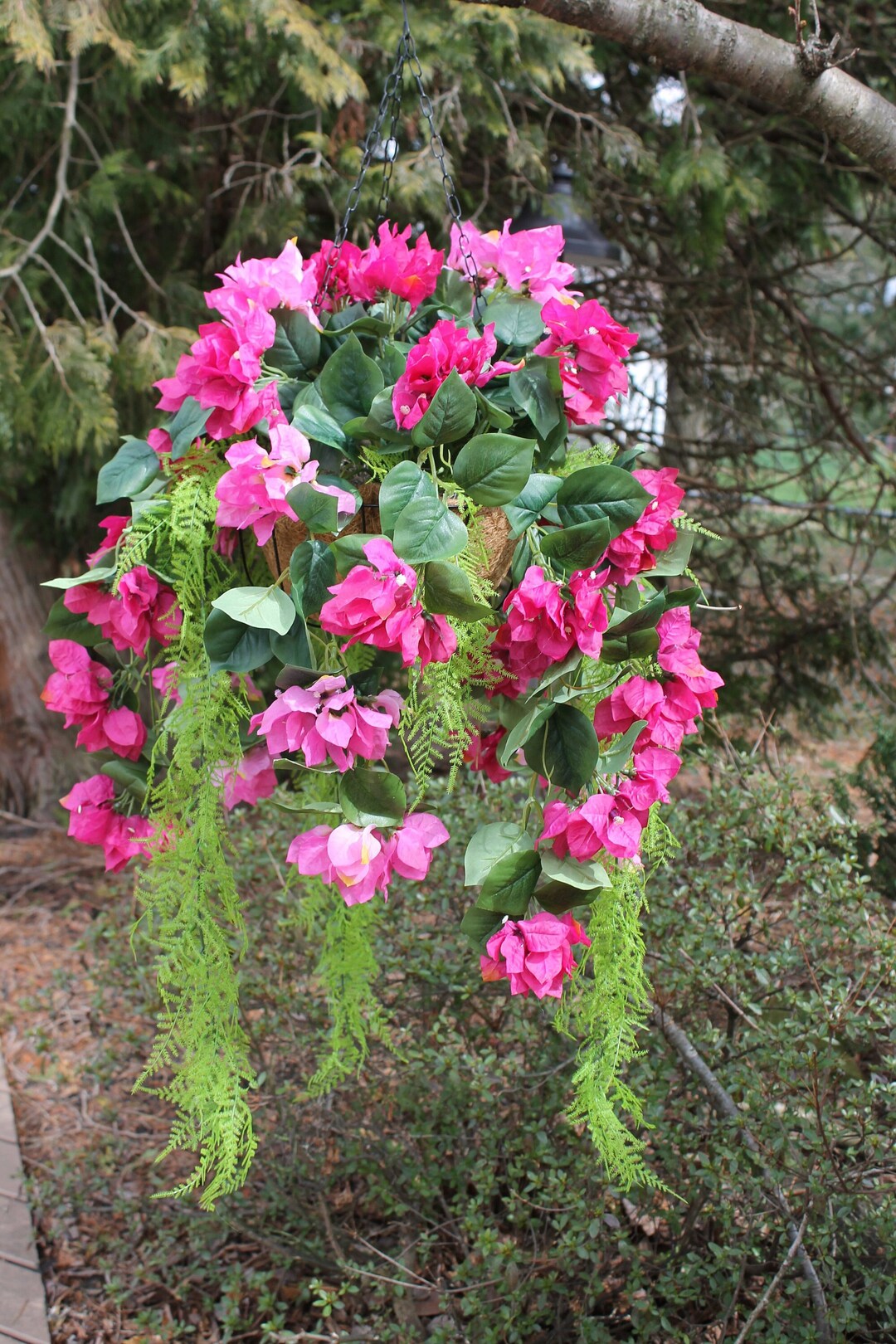 Silk Hanging Plant Bougainvillea Mauve/pink With Long Greens Etsy