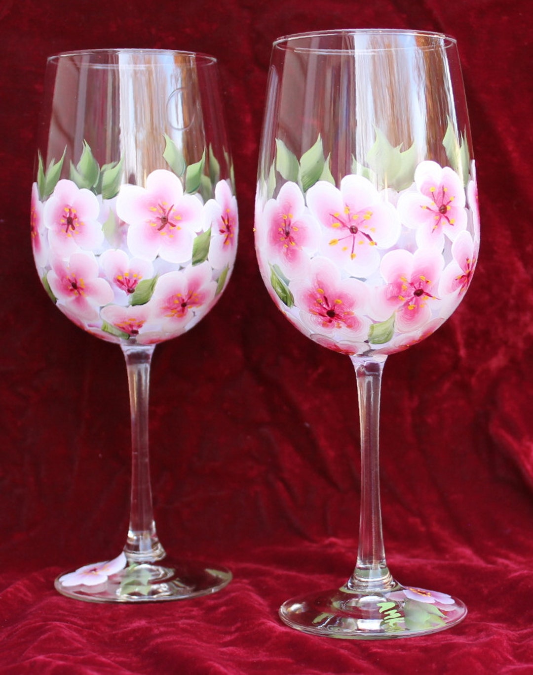 Hand Painted Wine Glasses set of 2 Cherry Blossoms Etsy