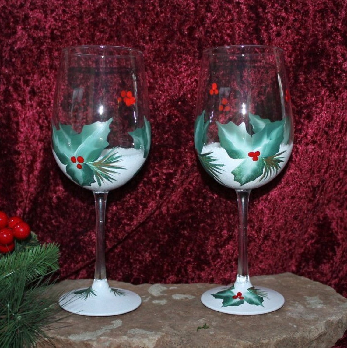 Hand Painted Christmas Wine Glasses set of 2 Snow and Etsy
