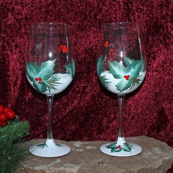 Hand Painted Christmas Wine Glasses set of 2 Snow and Holly 